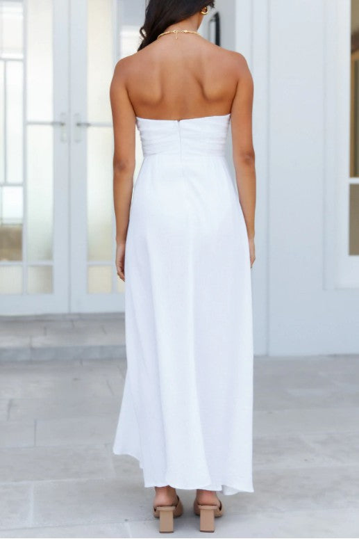 White Ruched Off-Shoulder Maxi Dress