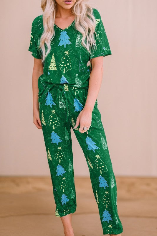 Christmas Tree Print Tee and Pants Lounge Set