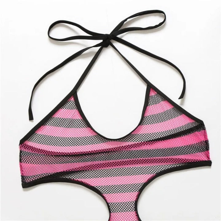 Halter Neck Mesh Bikini With Thong Bottom - Lookeble