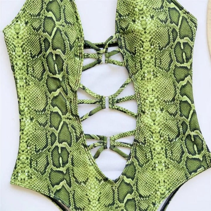 Lookeble's Cut Out Front Snake Skin Halter One-Piece Monokini Swimsuit - Lookeble