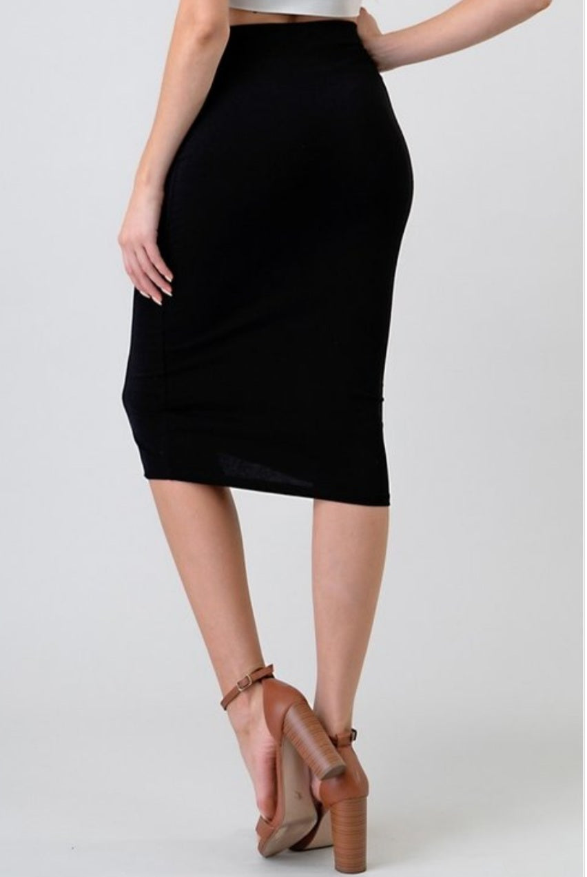 Women's Solid Knit Center Snap Button Midi Skirt - Lookeble 