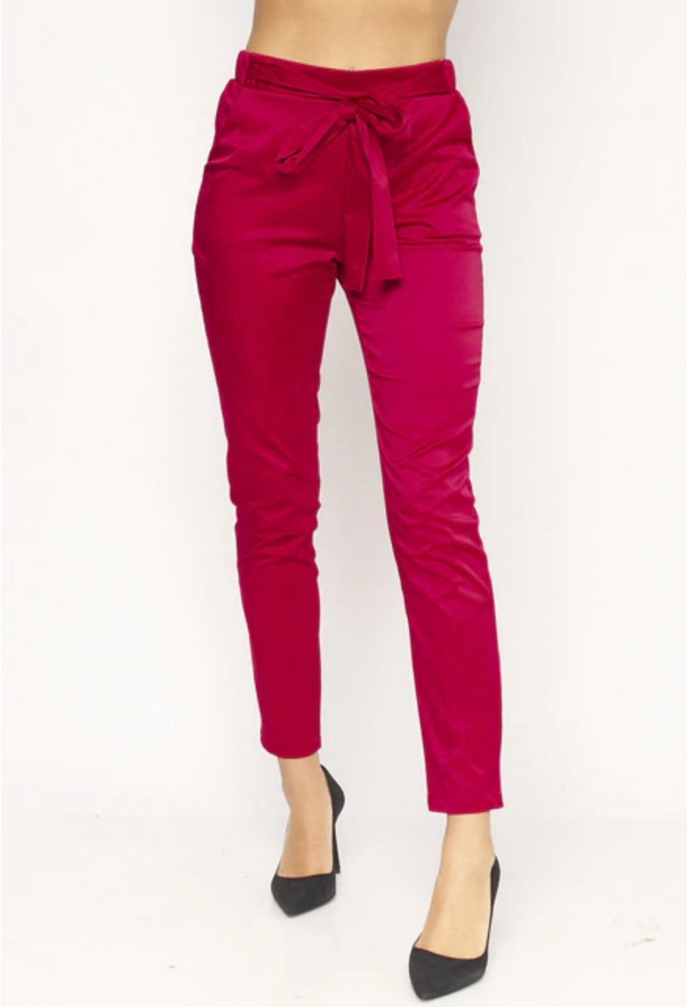 Women's Satin Skinny Leg Pants With Self Tie Waist - Lookeble 