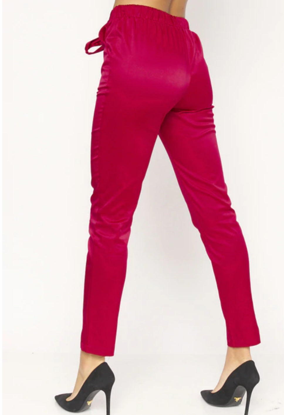 Women's Satin Skinny Leg Pants With Self Tie Waist - Lookeble 