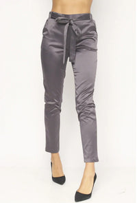 Women's Satin Skinny Leg Pants With Self Tie Waist - Lookeble 