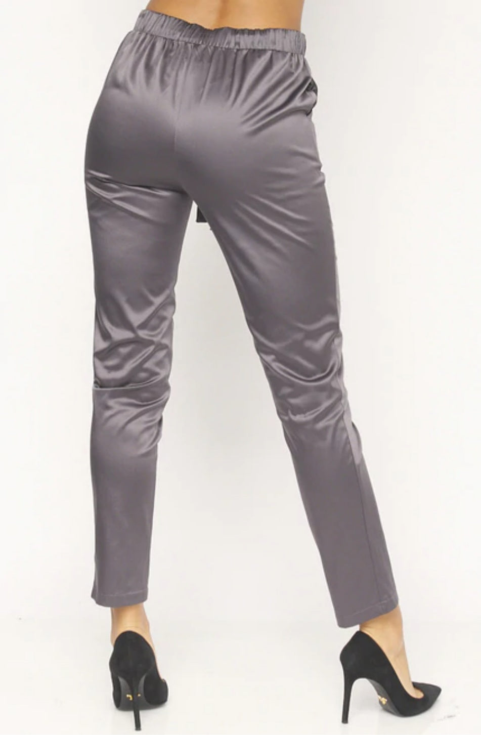 Women's Satin Skinny Leg Pants With Self Tie Waist - Lookeble 