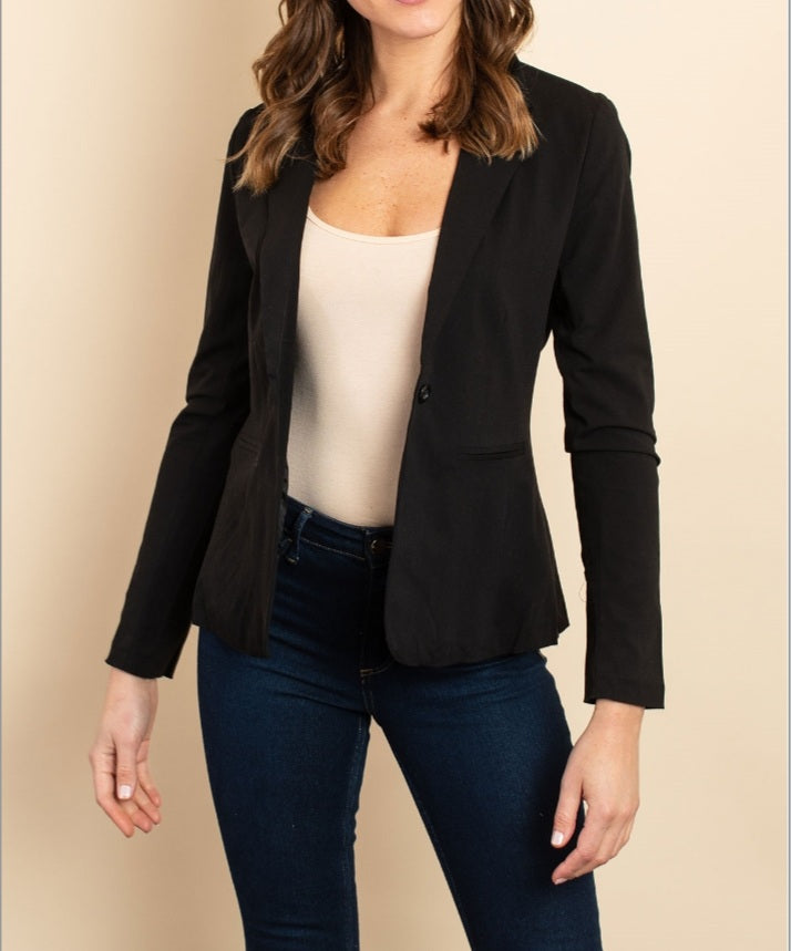 Women's Black Single Button Black Blazer - Lookeble