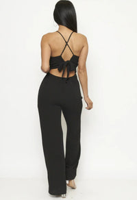 Women's Black V Neck Lace Detail Criss Cross Back Wide Leg Jumpsuit - Lookeble