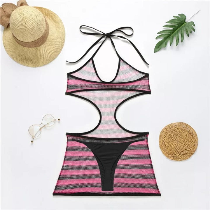 Halter Neck Mesh Bikini With Thong Bottom - Lookeble 