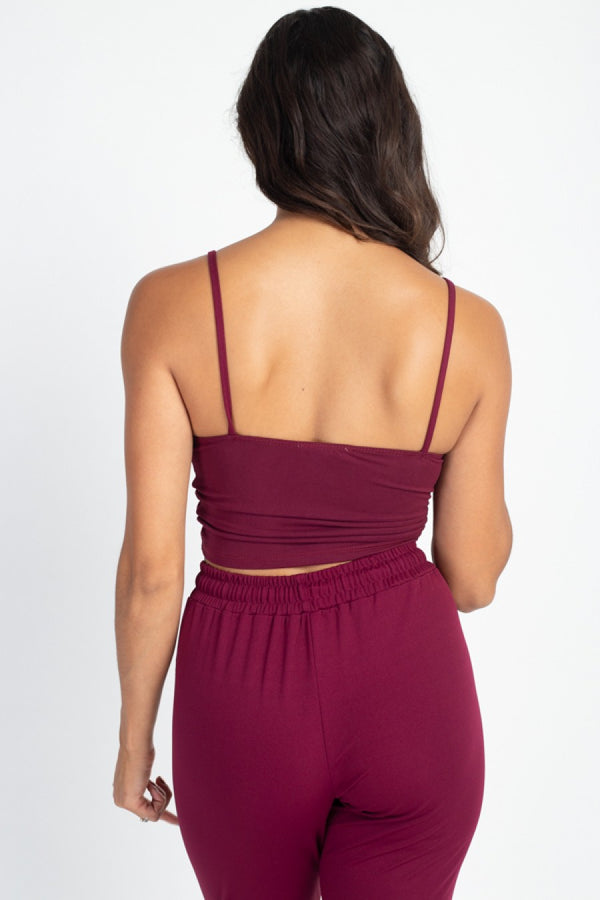 Women's Camisole Spaghetti Strap Shirred Center String Solid Crop Top