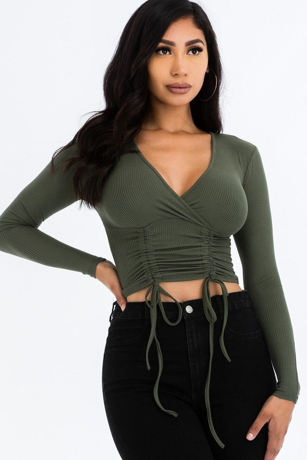 Women's Long Sleeved Double String Shirred Crop Top - Lookeble