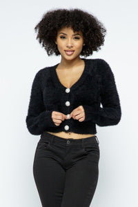 Women's Eyelash Knit Cropped Cardigan With Pearl Button Details - Lookeble