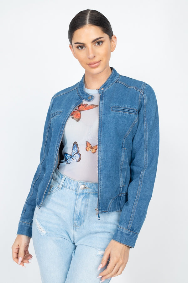 Women's Collarless Denim Jacket - Lookeble