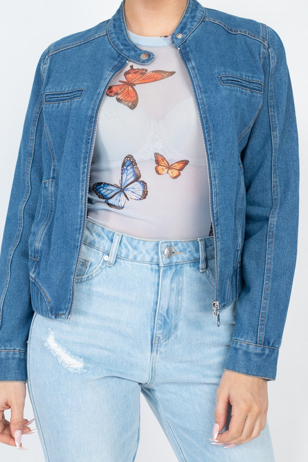 Women's Collarless Denim Jacket - Lookeble