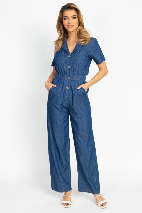 Button Front Elasticized Waist Denim Jumpsuit - Lookeble