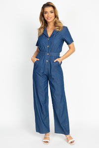 Button Front Elasticized Waist Denim Jumpsuit - Lookeble