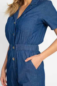 Button Front Elasticized Waist Denim Jumpsuit - Lookeble