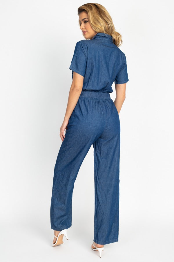 Button Front Elasticized Waist Denim Jumpsuit - Lookeble