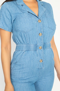 Women's Button Front Short Sleeve Elasticized Waist Denim Jumpsuit Romper