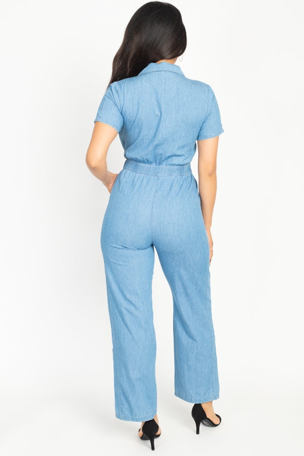 Women's Button Front Short Sleeve Elasticized Waist Denim Jumpsuit Romper