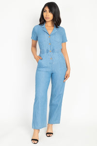 Button Front Elasticized Waist Denim Jumpsuit - Lookeble