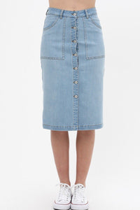 Women's Solid Center Button Down Detail Denim Midi Skirt