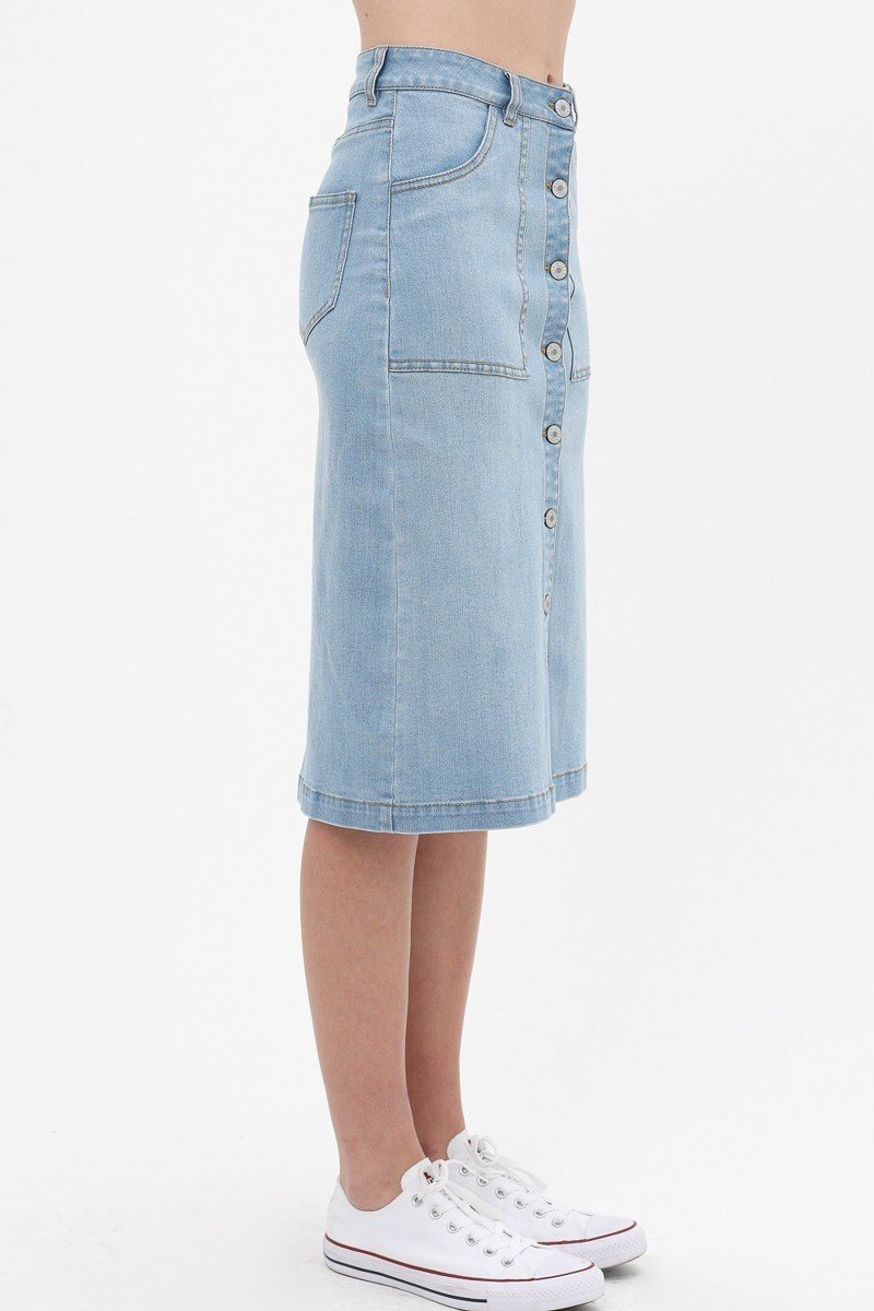 Women's Solid Center Button Down Detail Denim Midi Skirt