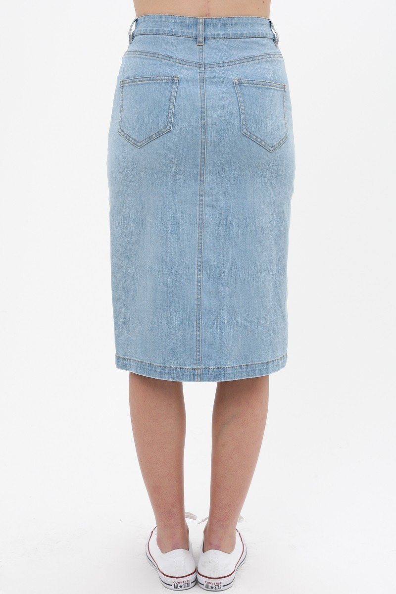 Women's Solid Center Button Down Detail Denim Midi Skirt