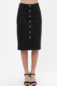 Women's Solid Center Button Down Detail Denim Midi Skirt