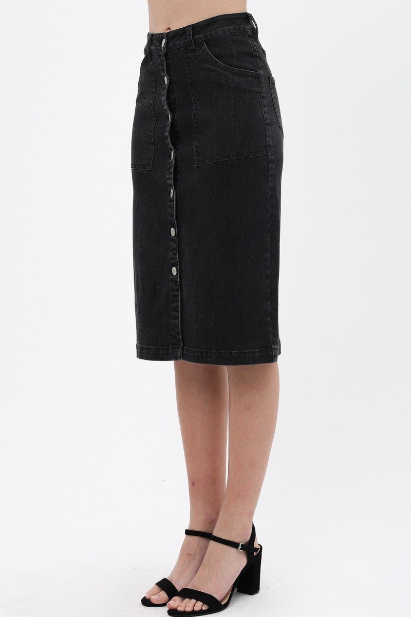 Women's Solid Center Button Down Detail Denim Midi Skirt