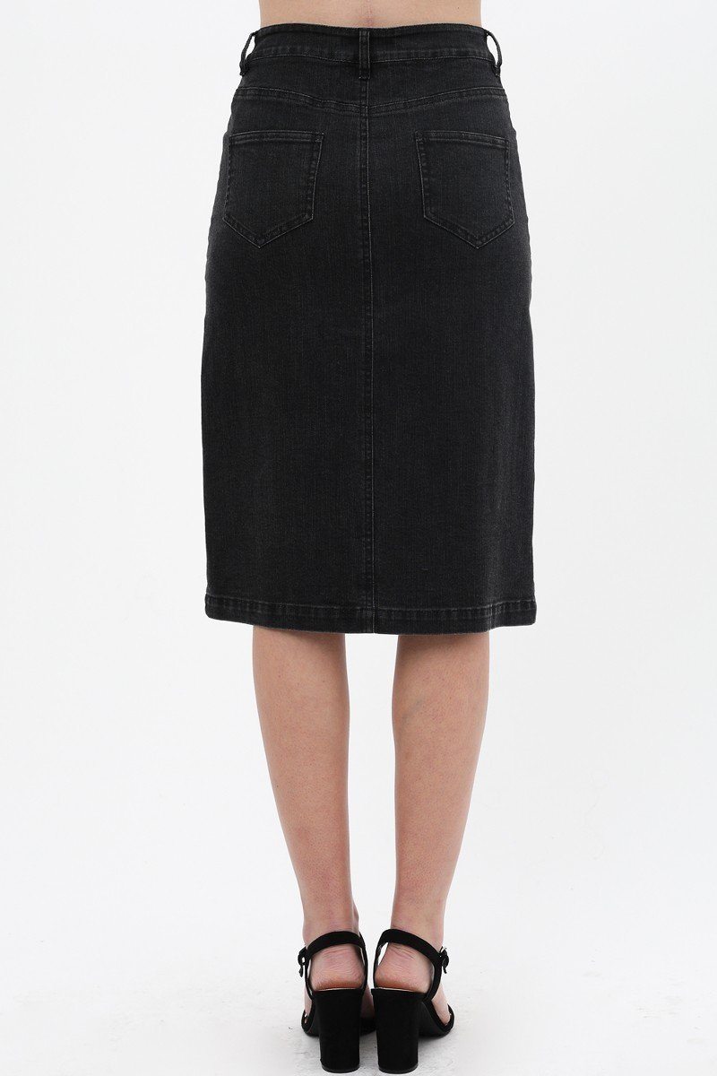 Women's Solid Center Button Down Detail Denim Midi Skirt