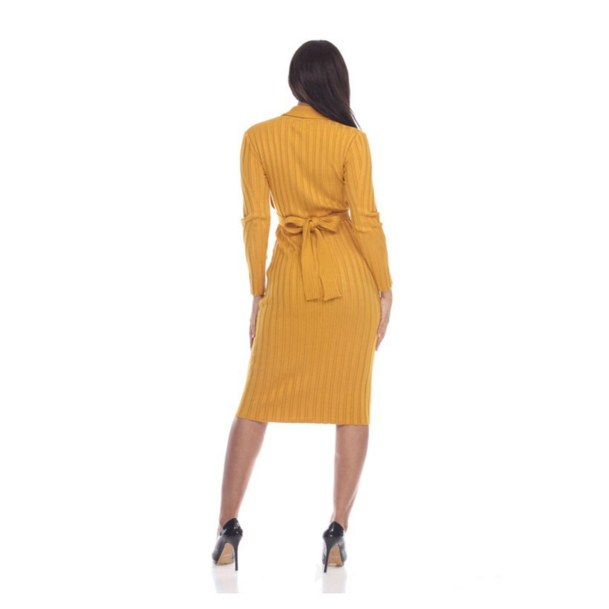 High Neck Mustard Sweater Dress With Waist Tie