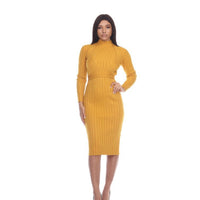 High Neck Mustard Sweater Dress With Waist Tie - Lookeble