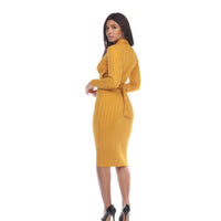 High Neck Mustard Sweater Dress With Waist Tie - Lookeble