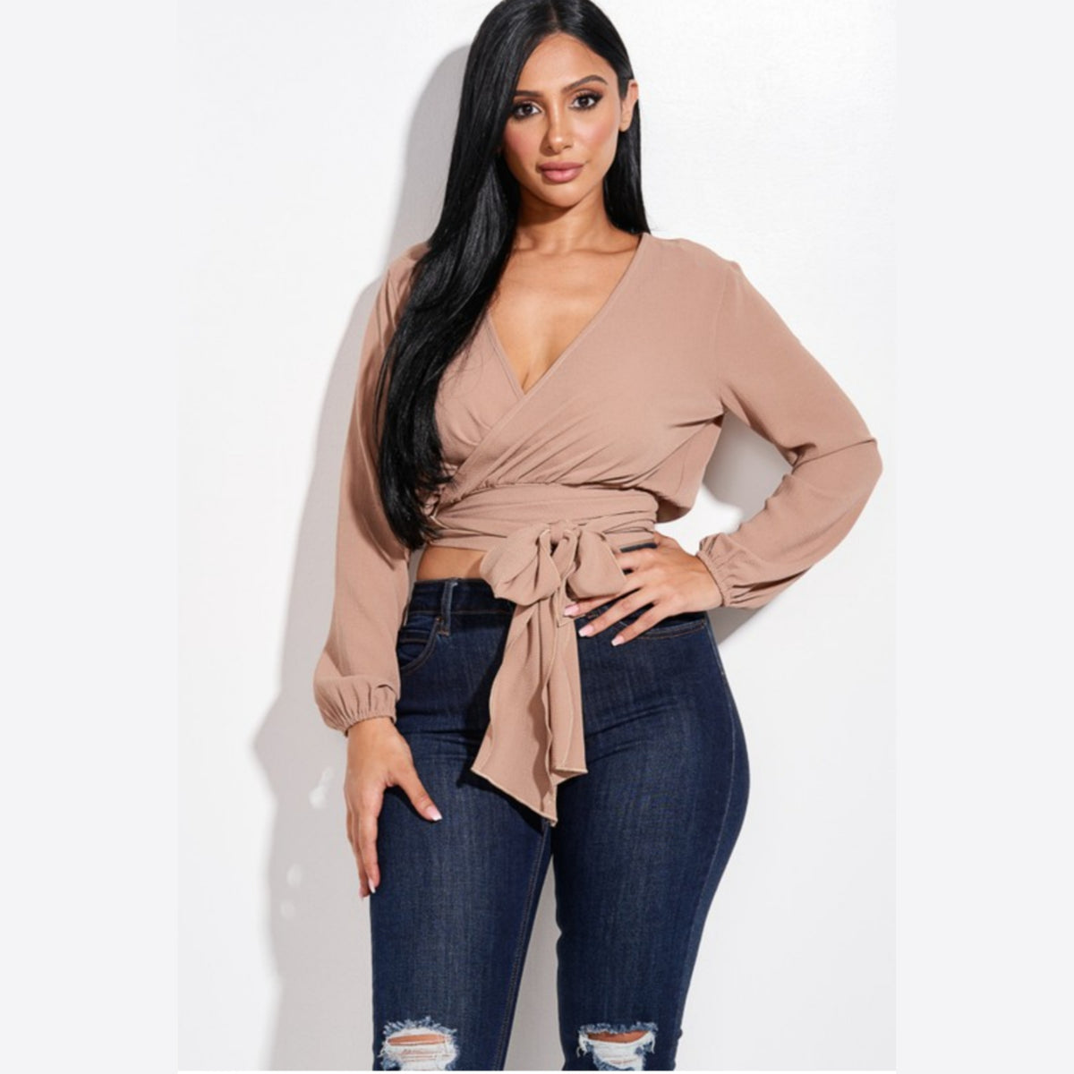 Women's Long Sleeve Solid Crepe Wrap Top - Lookeble