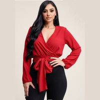 Women's Long Sleeve Solid Crepe Wrap Top - Lookeble