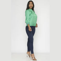 Women's Green High Neck Satin Blouse - Lookeble