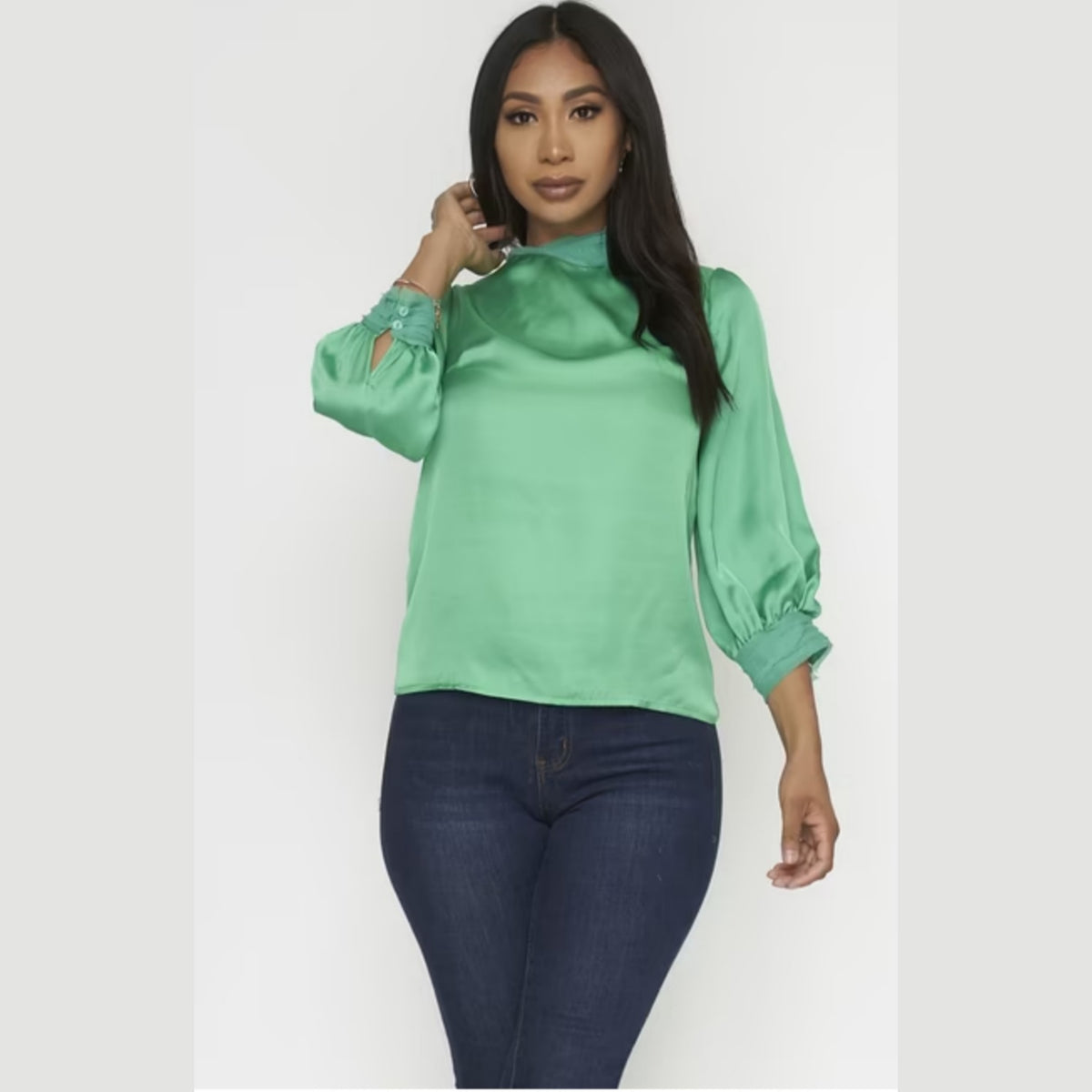 Women's Green High Neck Satin Blouse - Lookeble