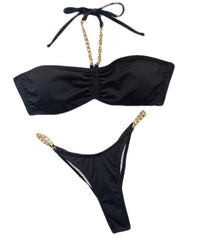 Lookeble's gold chain detail halter top bikini set - Lookeble