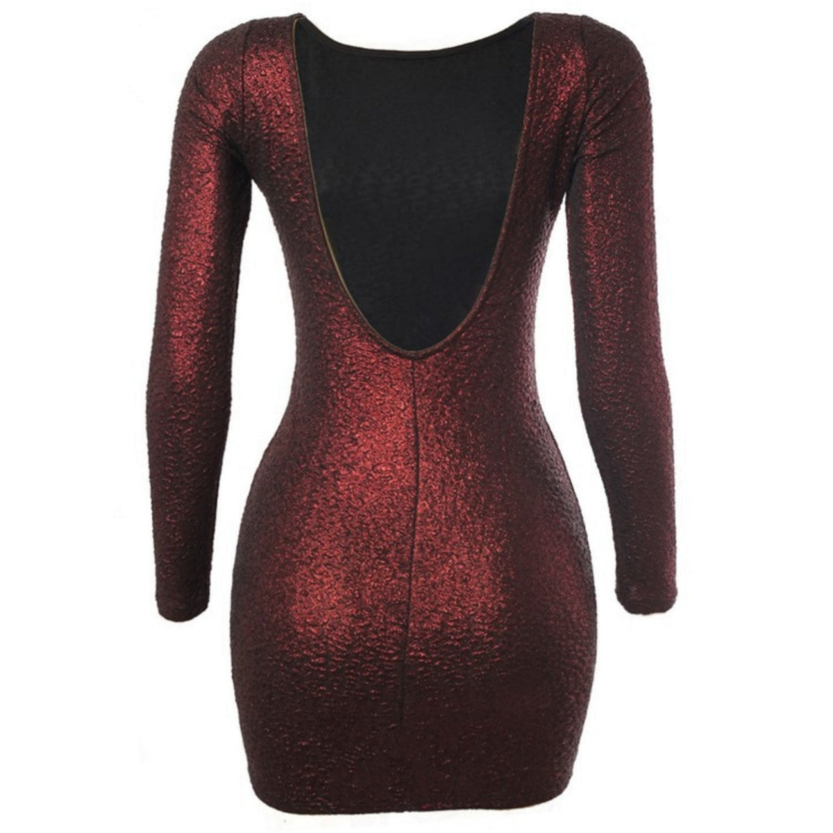 Women's Long Sleeved Red Glitter Open Back Mini Dress - Lookeble 