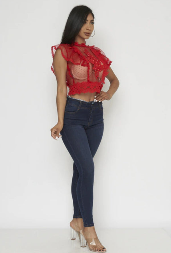 Women's Ruffle Detail Sheer Lace Trim Crop Top