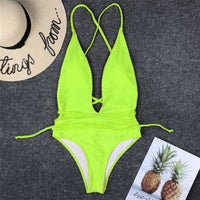 Women's Sexy Plunge Neckline Tie-up One-Piece Swimsuit - Lookeble 