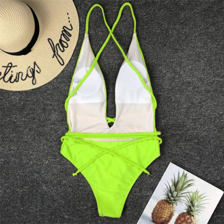 Women's Sexy Plunge Neckline Tie-up One-Piece Swimsuit - Lookeble