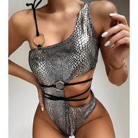 Shiny Snake Skin Print One Piece Swimsuit - Lookeble