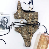 Shiny Snake Skin Print One Piece Swimsuit - Lookeble