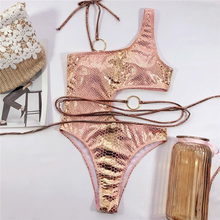 Shiny Snake Skin Print One Piece Swimsuit - Lookeble