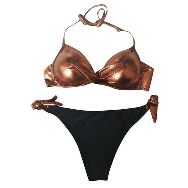 Metallic Bikini Top With Side Bow Bikini Bottom - Lookeble